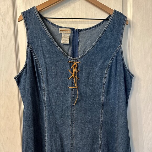 Expressions 1X 1XL VTG Y2K 90s Denim Maxi Dress Suede Leather Lace Up Slit Boho - Picture 3 of 9